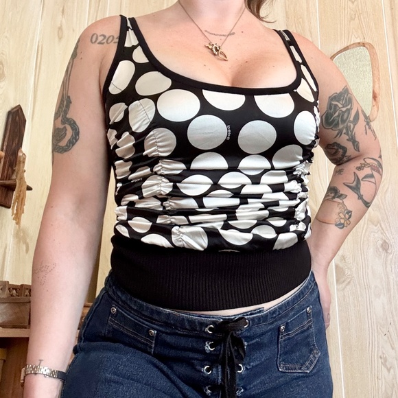 Vintage Women's Small Black and White Polka Dot Silky Ruched Tank Top - Picture 5 of 8